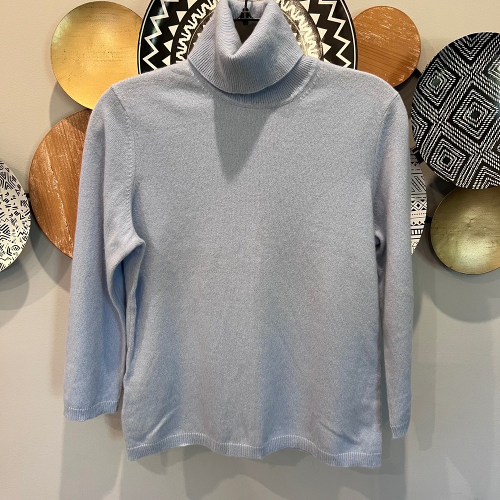 Ann Taylor 100% Cashmere Turtleneck Sweater Light Blue 3/4 Sleeve Womens Medium